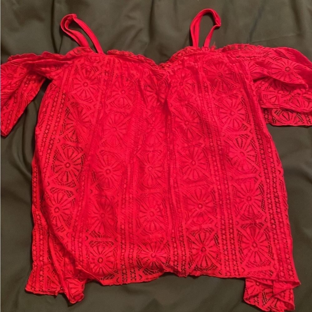 Love, fire red lace off the shoulder top